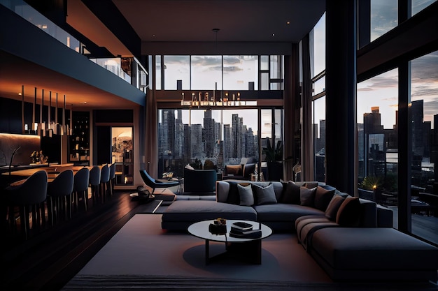 Photo luxury penthouse with view of the city skyline featuring dramatic lighting and sleek interior design