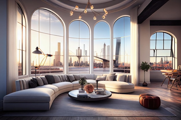 Luxury penthouse with view of the city skyline including iconic landmarks and bridges