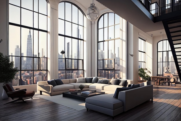 Luxury penthouse with view of the city skyline including towering skyscrapers and bustling streets