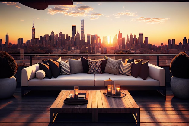 Luxury penthouse with view of the city skyline and sunset from a rooftop terrace