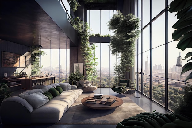 Luxury penthouse with view of city skyline surrounded by greenery