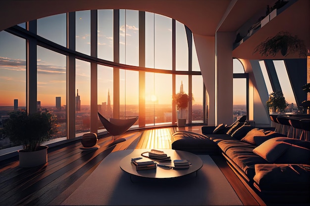 Luxury penthouse with view of the sunset over the city skyline