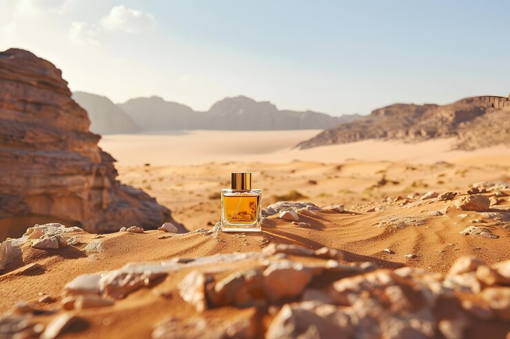 Luxury perfume bottle elegantly displayed on golden sand dunes under the vast desert sky capturing the essence of exotic fragrances inspired by the warm and rich tones of the desert landscape