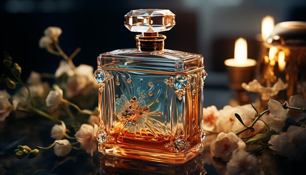 Luxury perfume bottle flower decoration nature candle aromatherapy romance elegance generated by artificial intelligence