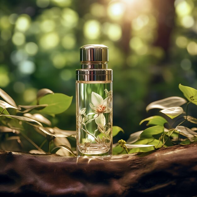 Foto bottiglia di profumo di lusso dietro uno sfocato sfondo di fiori naturali di lusso