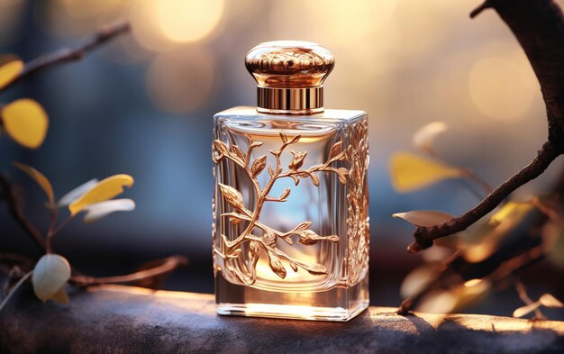 Luxury perfume bottle behind a luxury blur natural and waterfall background