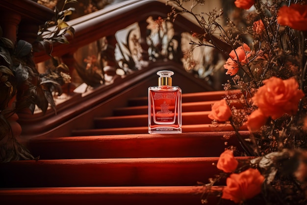 Luxury perfume bottle on a red carpeted stair