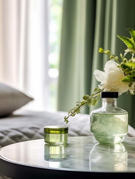 Luxury perfume bottle on table in bedroom with green curtains