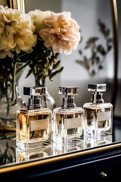 Luxury perfume bottles on display at a presentation women fragrance scent new exclusive collection postprocessed generative ai