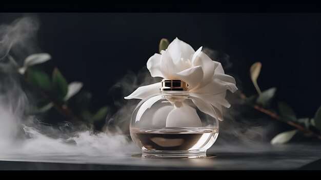 Foto bottiglia di vetro di profumo di lusso con petali di gardenia su sfondo minimalista di fumo cinematografico in marmo