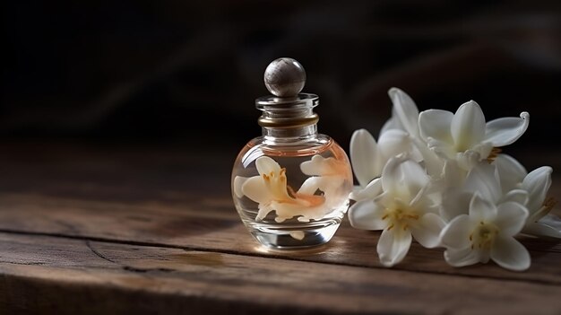 Luxury perfume glass bottle with tuberose flower petals on wood minimalist dark black background