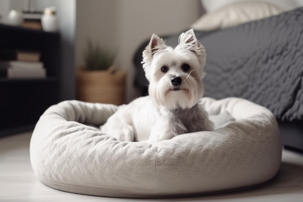 Luxury pet bed with plush pillow and soft blanket in modern apartment created with generative ai