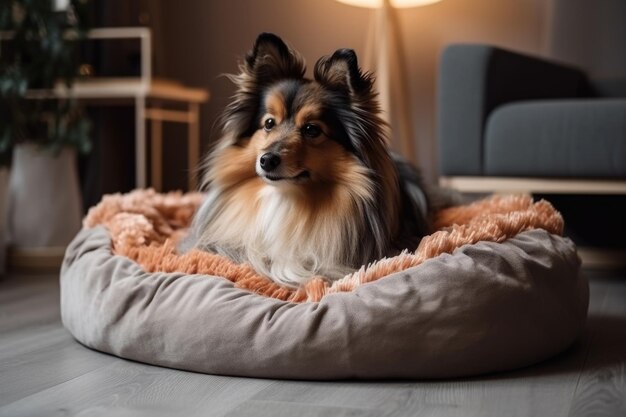 Роскошная кровать для домашних животных с плюшевой подушкой и мягким одеялом в современной квартире, созданной с помощью генеративного AI