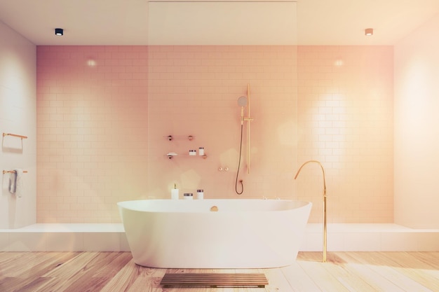 Роскошный розовый интерьер ванной комнаты с белизной и плиткой, белой ванной и душем. Деревянный пол. 3D рендеринг макет тонированного изображения