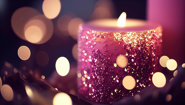 Photo luxury pink gold candle on abstract bokeh light and glitter background sparkle generative ai