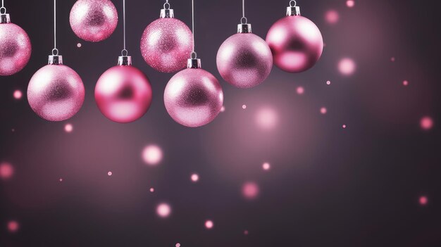 Роскошные розовые новогодние шары и игрушки на темном фоне с огнями боке в канун Рождества