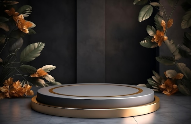 Luxury podium display template with leaf and flower decoration