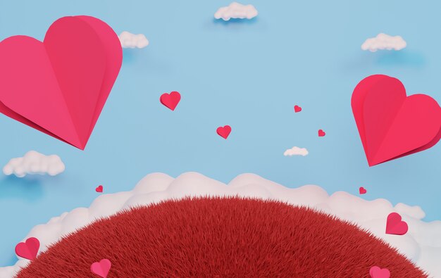 Podio di lusso con carta cuore fluttuante nel cielo blu e nuvola bianca. scatola regalo rosa, palloncino rosa e cuore su sfondo pastello. buon san valentino.