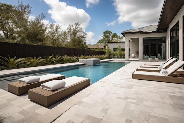 Luxury pool deck with mosaic tile and lounge chairs