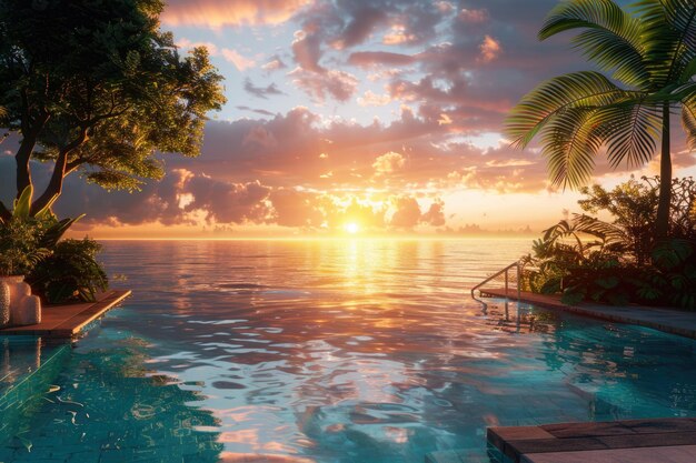 Photo a luxury pool at sunset