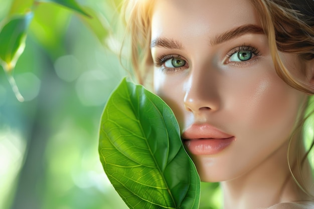 Luxury portrait of young woman with natural makeup and leaf