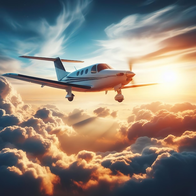 A luxury private jet airplane overflying cloudy skies at sunset