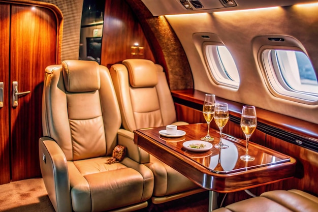 luxury private jet interior with champagne