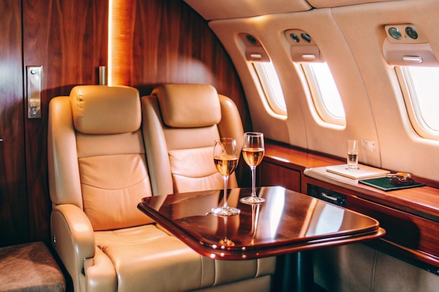 luxury private jet interior with wine glasses