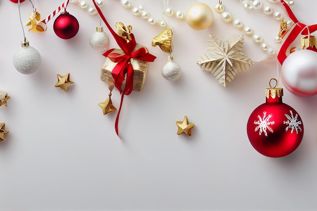 흰색 배경에 고립 된 진주 리본 별 종소리와 함께 럭셔리 레드 크리스마스 장식