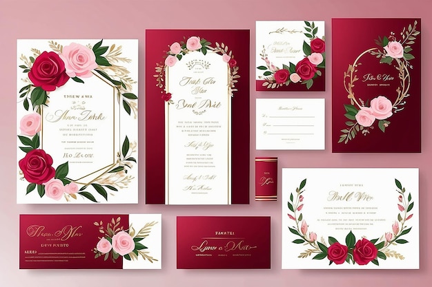 Photo luxury red and pink wedding invitation set invite thank you rsvp modern card design in golden