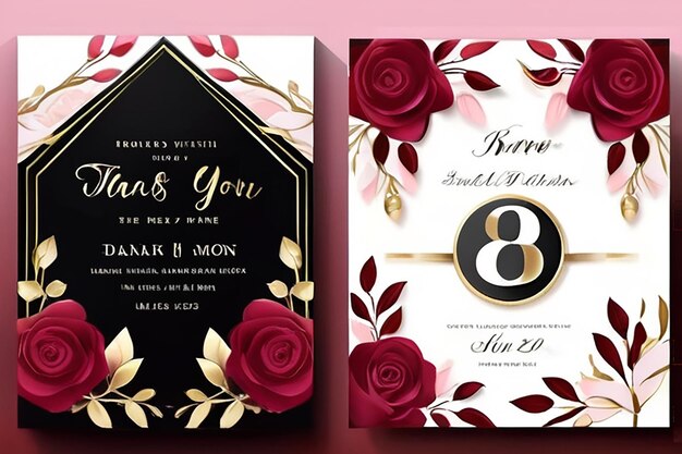 Photo luxury red and pink wedding invitation set invite thank you rsvp modern card design in golden