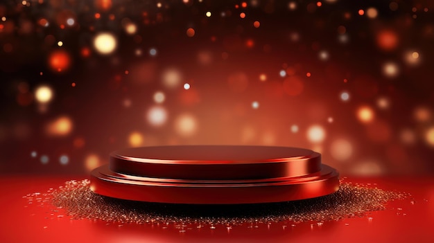 Podium rosso di lusso contro luccioli scintillanti illuminazione sfocata su sfondo rosso design elegante