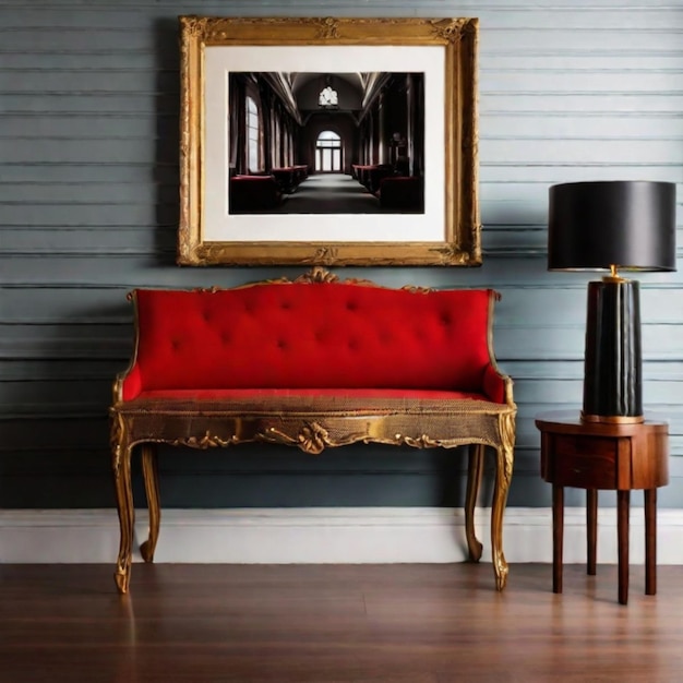 Luxury red sofa in living room interior with lamp and picture frame