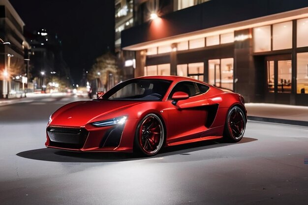 Luxury red sports car with shiny headlights parked on asphalt road in city