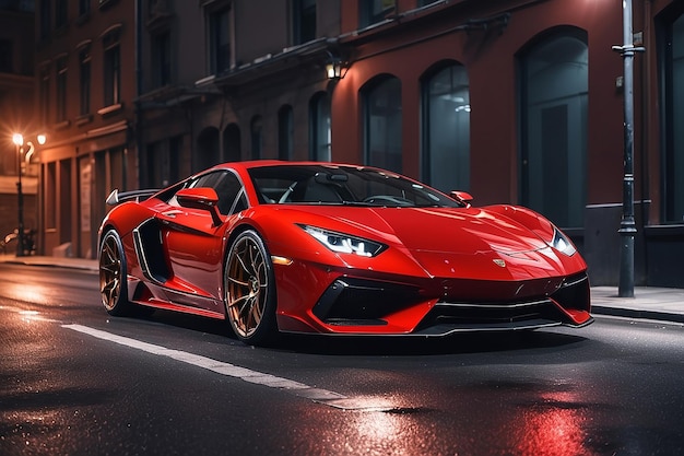 Luxury red sports car with shiny headlights parked on asphalt road in city