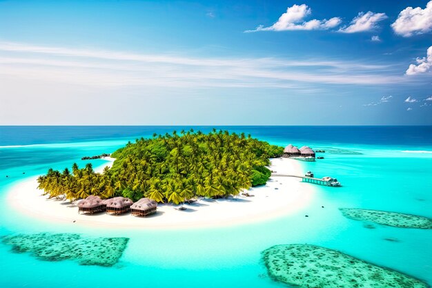 Foto resort di lusso sull'isola tropicale delle maldive con acqua limpida nell'oceano