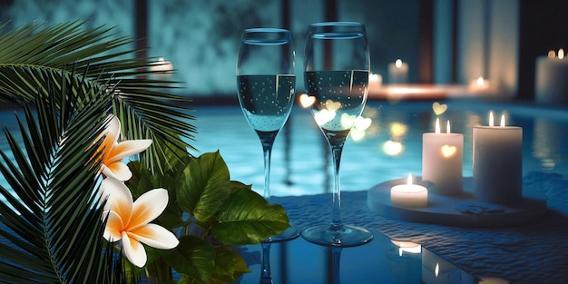 Luxury resort pool palm plant glasses of wine and candles with tropic roses flowers spa