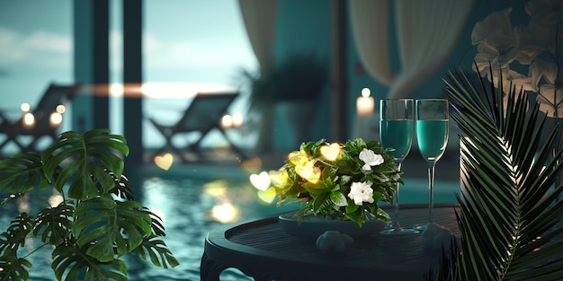Luxury resort pool palm plant glasses of wine and candles with tropic roses flowers spa