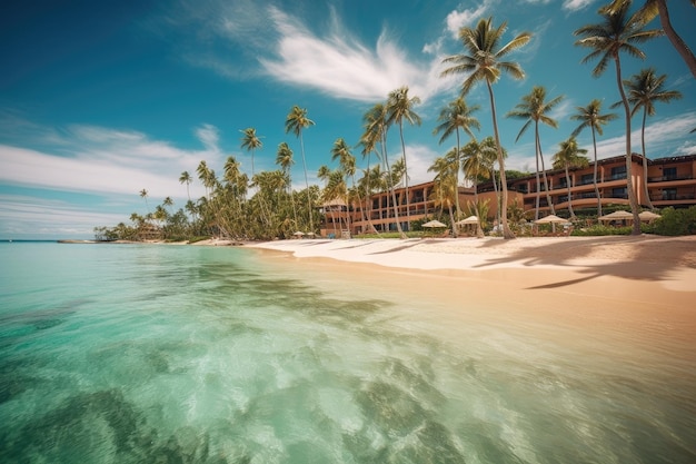 Роскошный курорт с золотым песком и бирюзовой водой в окружении пальм, созданный с помощью генеративных