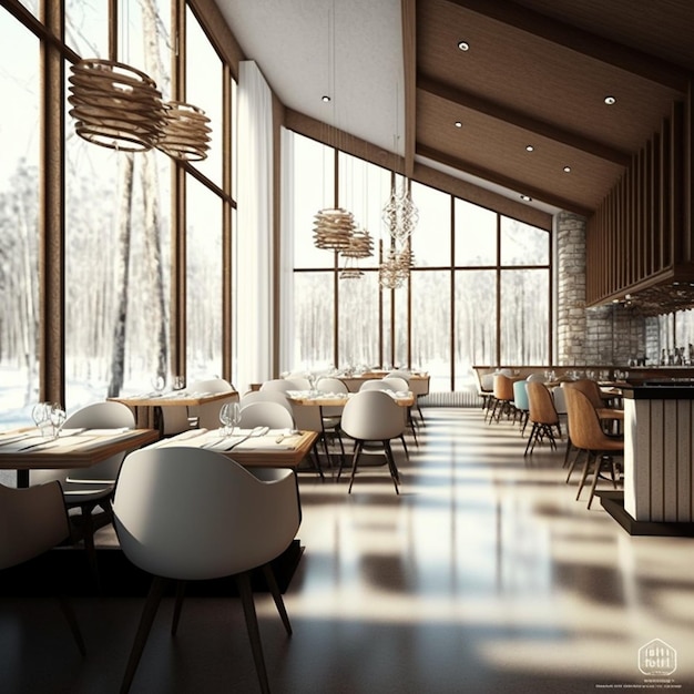 Роскошный интерьер ресторана с большими окнами