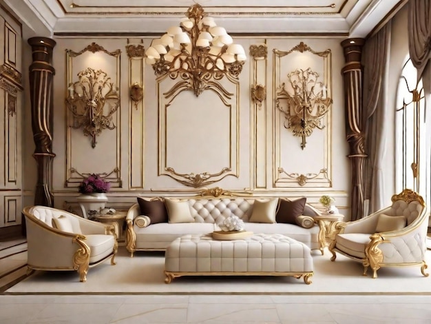 Роскошный богатый дизайн интерьера гостиной с элегантной классической мебелью и декорациями на стенах