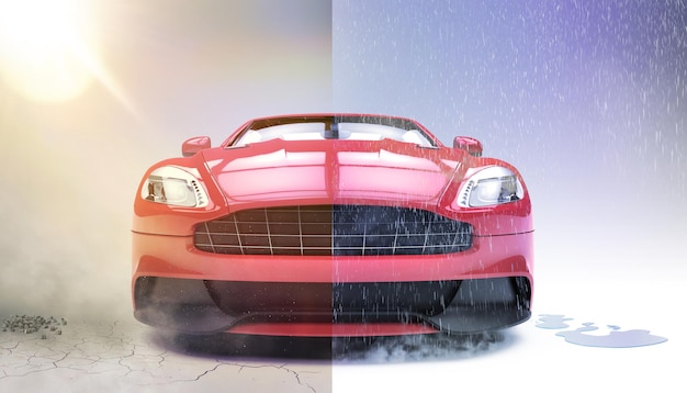 A luxury sedan versus natural forces 3D rendering