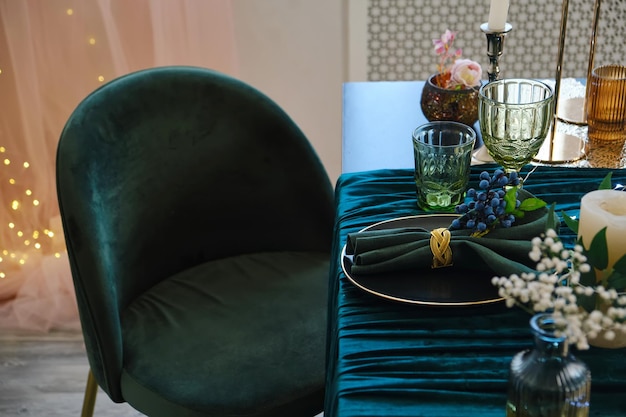 The luxury served table indoors in green colors