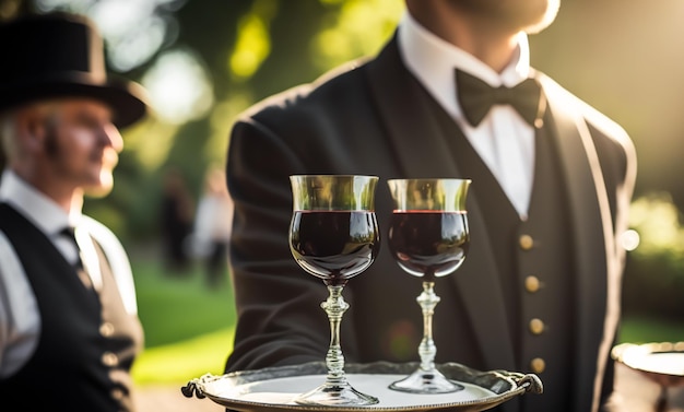 Luxury service red wine in glasses served by a waiter at a wedding celebration or formal event in classic English style at luxurious hotel or country estate Generative AI