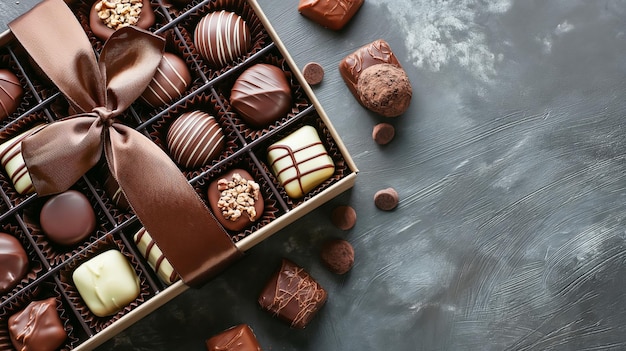 Luxury set of handmade chocolates in a gift box decorated with brown silk ribbon