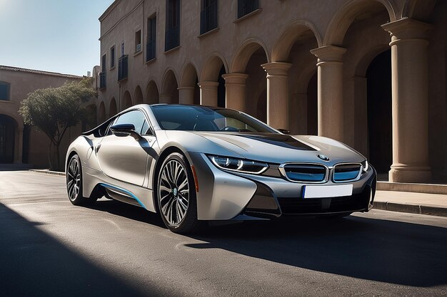 luxury and A silver BMW i8 under lights in showroom Istanbul Turkey International Auto Show