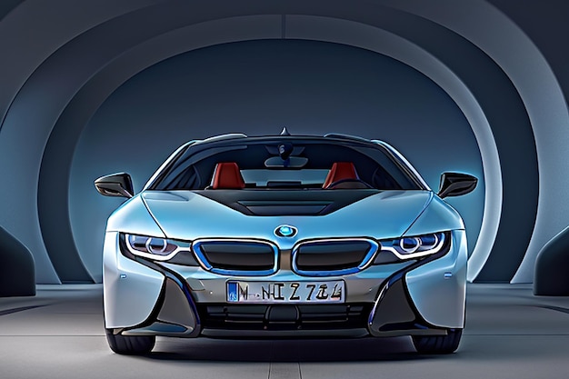 luxury and A silver BMW i8 under lights in showroom Istanbul Turkey International Auto Show