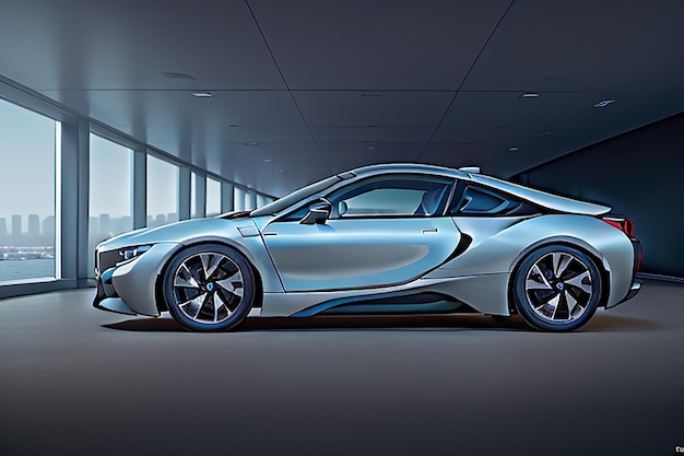 럭셔리 및 실버 BMW i8이 이스탄불 터키 국제 오토쇼 쇼에서 조명 아래