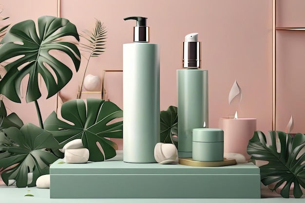 Luxury skincare concept 3D shampoo mock up on cube podium with tropical leaves Beauty product