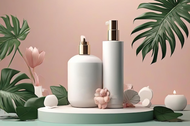 Luxury skincare concept 3D shampoo mock up on cube podium with tropical leaves Beauty product